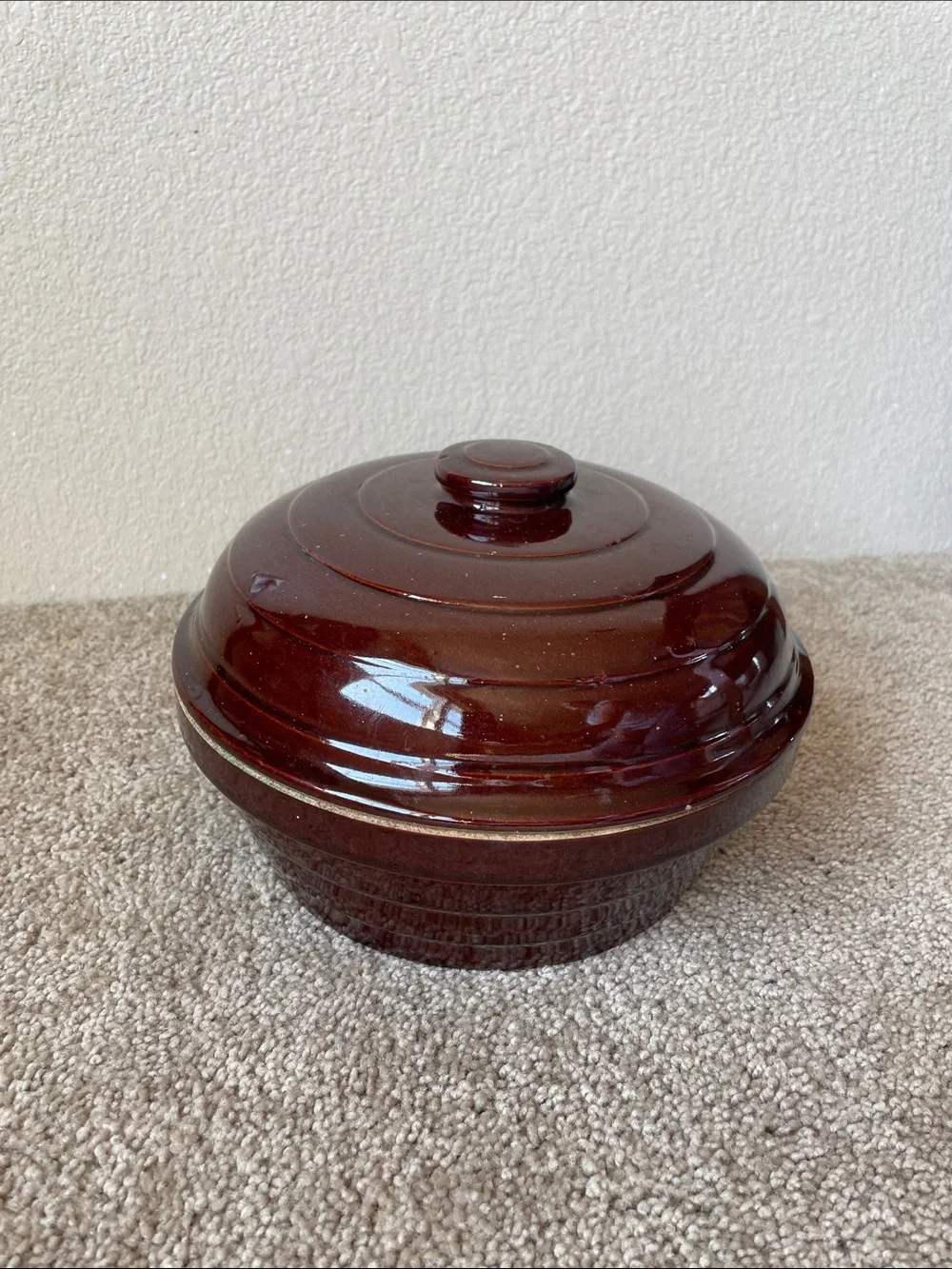 Vintage Brown Glazed USA Dutch Oven Bean Pot With Lid Ceramic Western Cookware